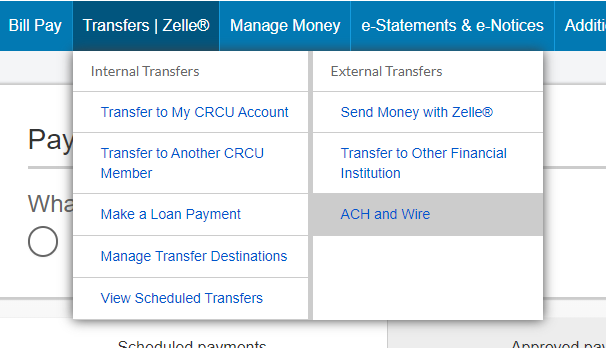 ACH and wire transfers shown in online banking menu.
